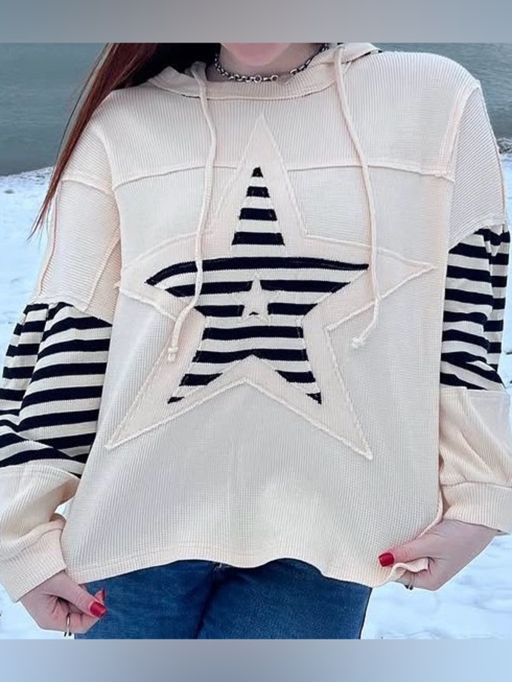 BiBi Cream Hoodie with Black Striped Star, Sleeves and Hoodie